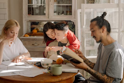 Group of students discussing study materials