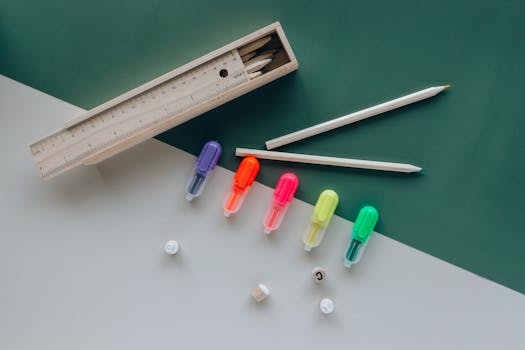 colorful study desk with learning tools