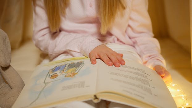 Child reading a book in a cozy corner