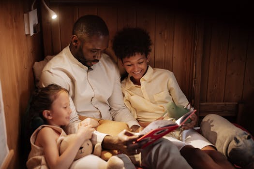 child reading a book in a cozy reading nook