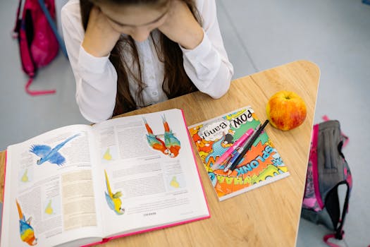 A child studying happily with colorful supplies