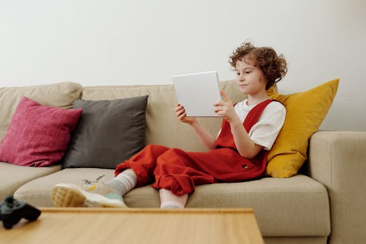 Child using a tablet for studying